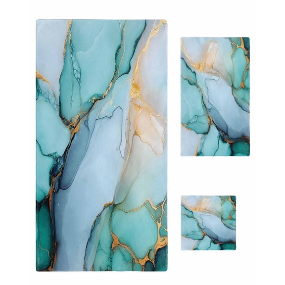 Turquoise Marble Towel Set of 3, Soft Microfiber Bath Towels, Hand Towel, Washcloths, Farmhouse Abstract Ombre Texture Quick-Dry Absorbent Towels for Bathroom Kitchen Hotel Beach Gym Spa