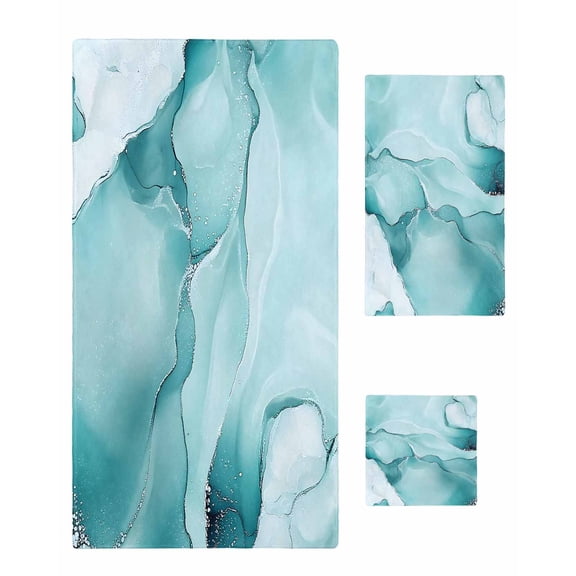 Turquoise Marble Towel Set of 3, Soft Microfiber Bath Towels, Hand Towel, Washcloths, Modern Abstract Art Texture Watercolor Quick-Dry Absorbent Towels for Bathroom Kitchen Hotel Beach Gym Spa