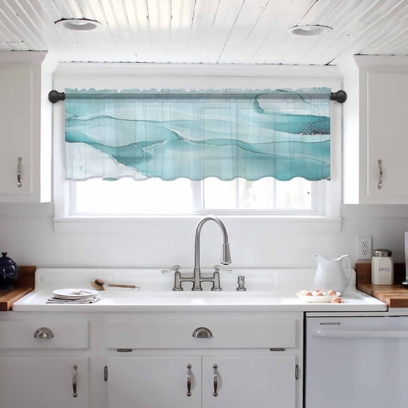 Turquoise Marble Valance Curtains for Kitchen/Living Room/Bathroom/Bedroom Window, Modern Abstract Art Texture Watercolor Rod Pocket Small Topper Half Short Window Curtains Voile Sheer Scarf 42"x12"