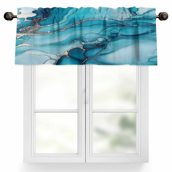 Turquoise Marble Valances for Windows, 42 x 12in, Abstract Marble Rod Pocket Kitchen Valance Curtain Light Filtering Window Treatments for Living Room Bedroom, 1 Panel