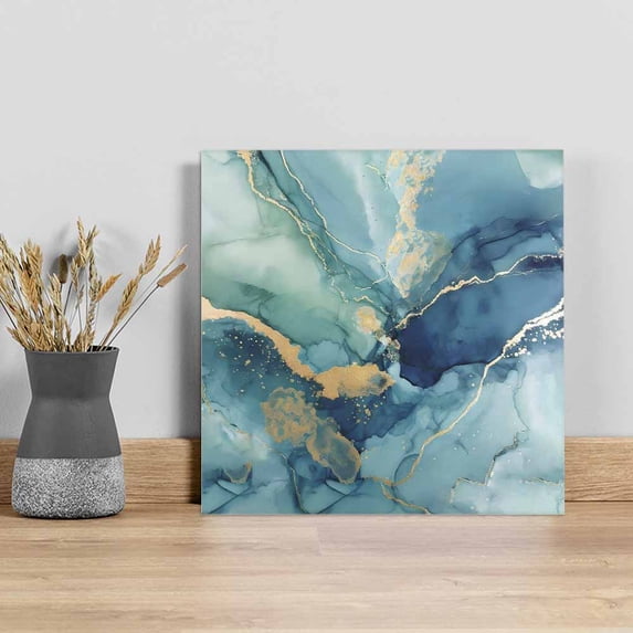 Turquoise Marble Wall Art Painting on Canvas, Modern Abstract Art Ombre Blue Canvas Art Home Prints Wall Art Framed Modern Artwork for Living Room Bedroom Wall Decor 20x20in
