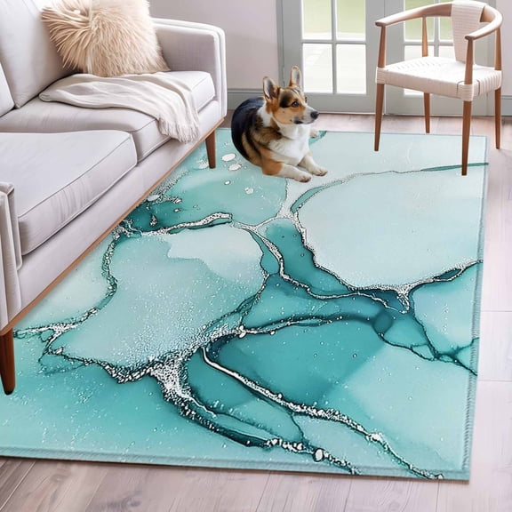 Turquoise Marble Washable Area Rug 3x5 Abstract Modern Fluid Art Low-Profile Large Area Rugs with Non Slip Backing Indoor Floor Carpet for Entrance Living Room Bedroom Home Office