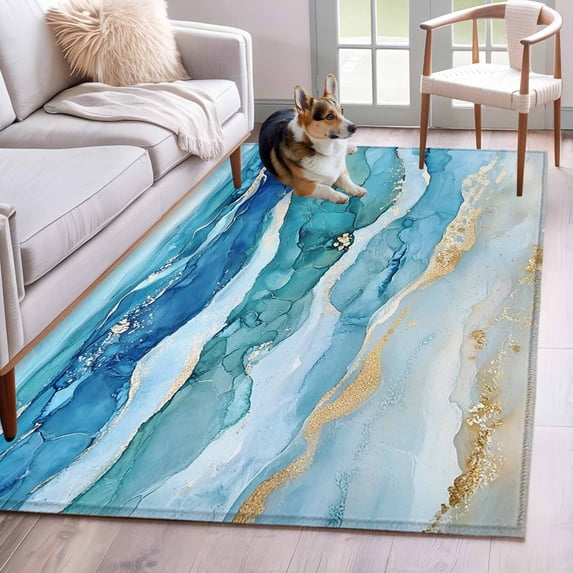 Turquoise Marble Washable Area Rugs 2.7'x5', Abstract Ocean Waves Gold Stripes Modern Low Pile Throw Living Room Rug Non-Slip Sturdy Edge Binding Carpet for Indoor Entryway Bedside Kitchen