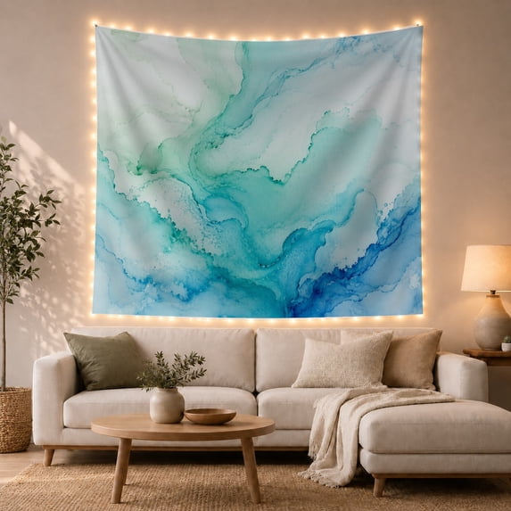 Turquoise Marble Waves With Blue Ink Flow, Calming Abstract Style for Art Lovers, Watercolor Wall Art, Housewarming Gift, Tapestry Wall Hanging for Bedroom, Living Room and Dorm