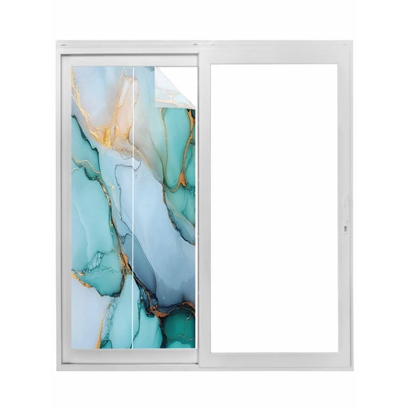 Turquoise Marble Window Privacy Film, Farmhouse Abstract Ombre Texture Static Cling UV Sun Blocking Tint Film Heat Control Windows Films for Bedroom Bathroom, Window Stickers 17.7"x39.3"