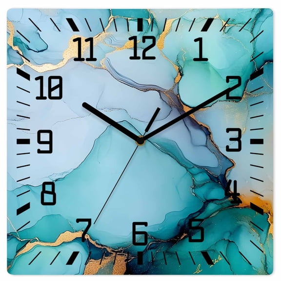 Turquoise Marble Wooden Wall Clock Silent Non Ticking, Abstract Green Modern Luxury Cracks Square Wall Clocks Battery Operated, Decor Clock for Home Office, Living Room, Kitchen, 12 Inch