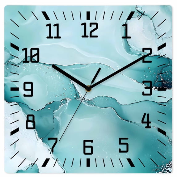 Turquoise Marble Wooden Wall Clock Silent Non Ticking, Modern Abstract Art Texture Watercolor Square Wall Clocks Battery Operated, Decor Clock for Home Office, Living Room, Kitchen, 10 Inch