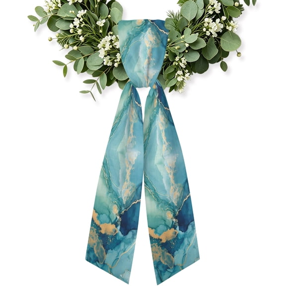 Turquoise Marble Wreath Sash for Front Door, Modern Abstract Art Ombre Blue Wreath Bow Holiday Garland Ribbon Wreath Accessories for Home Yard Porch Doorway Fall Christmas Decorations Gifts