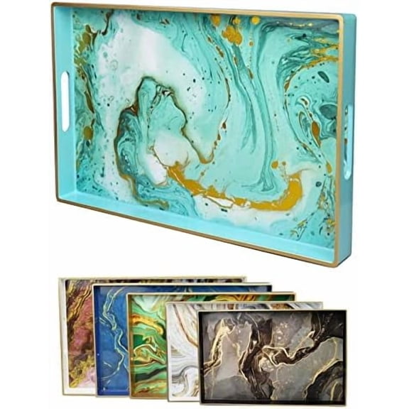 Turquoise Marbling Decorative Tray with Handles, Morden Plastic Rectangular Serving Tray for Coffee Table Bathroom, Ottoman, Home Decor, 15.7"* 10.2"* 1.38"