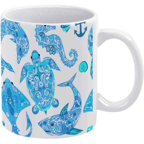 Turquoise Marine Animals, Sea Turtle, Dolphin, Sea Horse on White White Ceramic Cup, 11 Oz Tea Mug, Coffee Mug, Milk Mug, Juice Ceramic Cup for Home Offices Cafe Party Mom Father Daughter Son