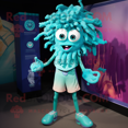 thumbnail image 1 of Turquoise Medusa REDBROKOLY mascot costume character dressed with a Bermuda Shorts and Brooches, 1 of 1