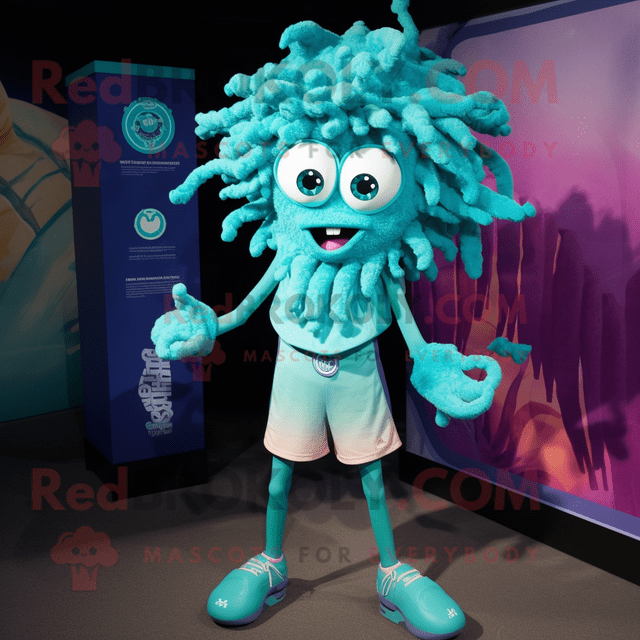 Turquoise Medusa REDBROKOLY mascot costume character dressed with a Bermuda Shorts and Brooches