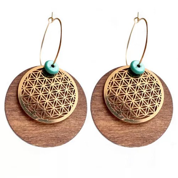 Turquoise Metal Mesh Filigree Circle Round Wood Hoop Earrings Dangle Jewelry New