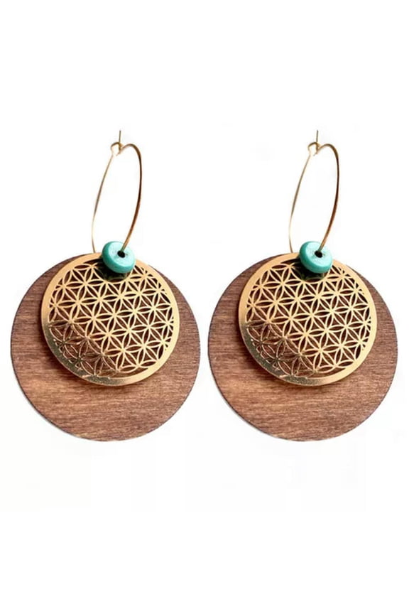 Turquoise Metal Mesh Filigree Circle Round Wood Hoop Earrings Dangle Jewelry New