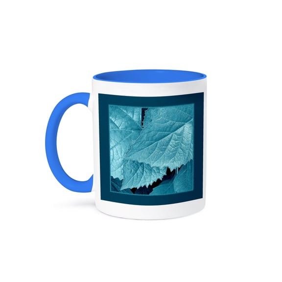 3drose, Turquoise Metallic Leaves with Deep Teal Blue Frame, 11oz Two-tone Blue Mug