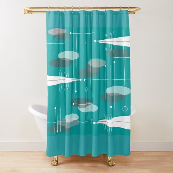Turquoise Mid-Century Atomic Ovals and Linework Shower Curtain, 100% Polyester, Retro Bathroom Decor