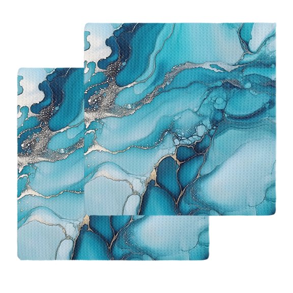 Turquoise Modern Kitchen Dish Towels for Drying Dishes Set of 2, Teal Grey Marble Textured Waffle Weave Microfiber Hand Tea Bathroom Towels Quick Dry & Absorbent Towel 12x12