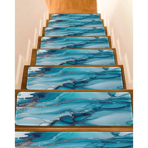 Turquoise Modern Non-Slip Stair Treads for Wooden Steps, 7 Pack-8x30in Carpet Stair Mats with Adhesive Backing, Noise-Reducing Step Covers for Indoor Stairs, Easy to Install & Residue-Free