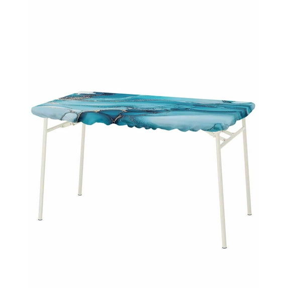 Turquoise Modern Rectangle Tablecloth, Waterproof Elastic Fitted Table Covers for 8 Foot Tables, 32x96inch Decorative Tablecloths for Picnic, Camping, Indoor, Outdoor, Teal Grey Marble Textured