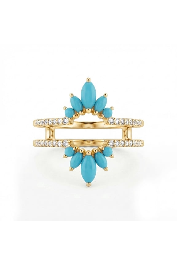 Turquoise & Moissanite Wedding Band Ring, 925 Sterling Silver Yellow Gold Plated Elegant Proposal Ring, Double Curved Band Ring Enhancer, December Birthstone Ring, Gift For Her