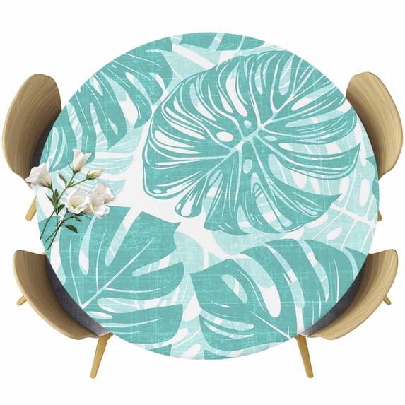 Turquoise Monstera Deliciosa Round Tablecloth 45-54 Inch Round Fitted Table Cloth with Elastic Edge, Summer Botanical Tropical Waterproof Table Cover Protector for Outdoor Picnic Party Dining