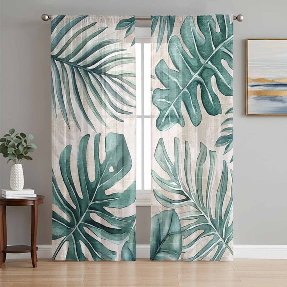 Turquoise Monstera Deliciosa Sheer Curtains 72 Inch Length 2 Panels Set, Summer Botanical Tropical Vintage Window Treatment Rod Pocket Curtains Sheers for Bedroom/Living Room/Kitchen 52"x72"x2
