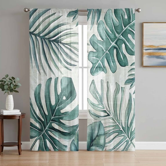 Turquoise Monstera Deliciosa Sheer Curtains 72 Inch Length 2 Panels Set, Summer Botanical Tropical Voile Window Treatment Rod Pocket Curtains Sheers Drapes for Bedroom/Living Room/Kitchen 52"x72"x2