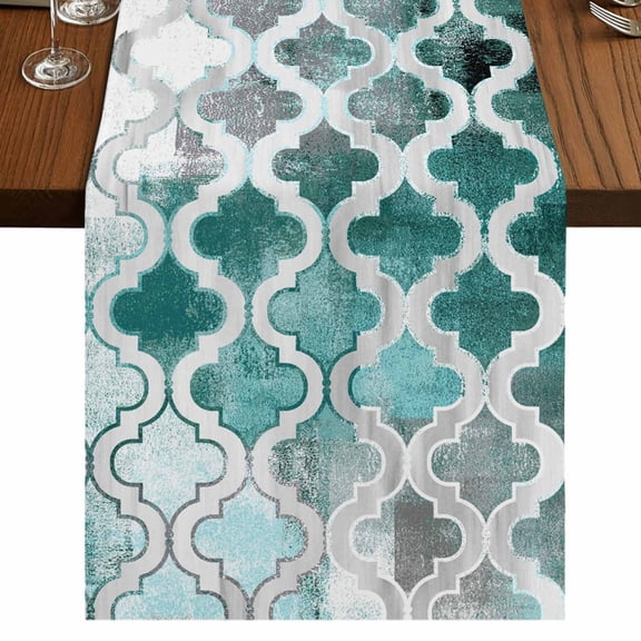 Turquoise Morocco 72 Inch Table Runner, Grey Ombre Retro Mottled Painting Art Farmhouse Dresser Scarf Cotton & Linen Tablerunner for Dining/Kitchen Island/Holiday Party Décor 13" x 72"