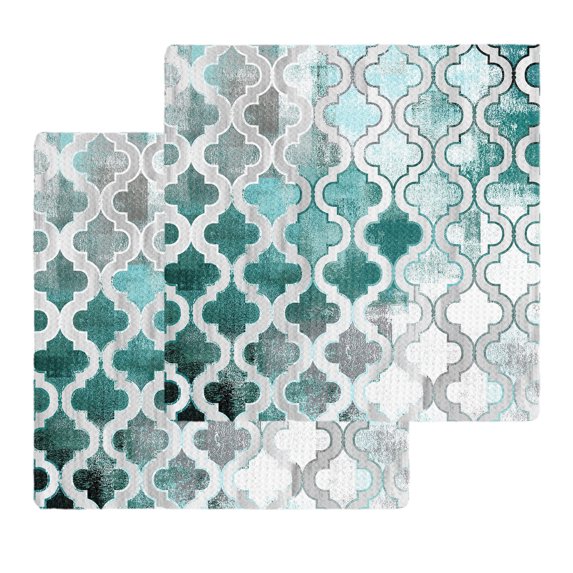 Turquoise Morocco Kitchen Dish Towels for Drying Dishes Set of 2, Grey Ombre Retro Mottled Painting Art Waffle Weave Microfiber Hand Tea Bathroom Towels Quick Dry & Absorbent Towel 12x12