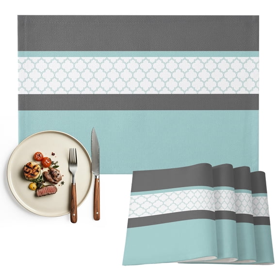 Turquoise Morocco Placemats Set of 4, Geometric Grey Stripes Modern Washable Wipeable Table Mats for Dining Tables, Indoor Outdoor Kitchen Place Mats for Holiday Party Table Decor