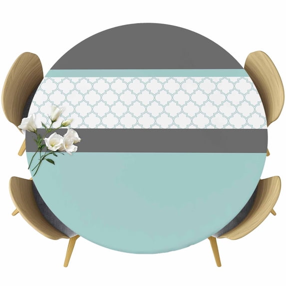 Turquoise Morocco Round Tablecloth, Fitted Table Cover with Elastic for 55"-60" Round Tables, Geometric Grey Stripes Modern Table Cloth Outdoor Indoor Dinning Party Waterproof Tablecloths