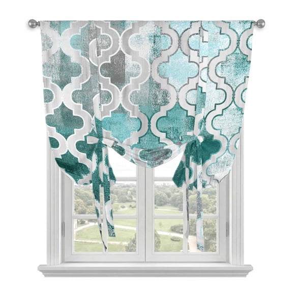Turquoise Morocco Tie Up Curtains for Windows, Adjustable Rod Pocket Valance Shade, Grey Ombre Retro Mottled Painting Art Light Filtering Window Treatment for Kitchen Bedroom Living Room 34"x 45"