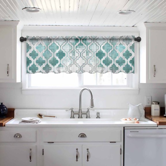 Turquoise Morocco Valance Curtains for Kitchen/Living Room/Bathroom/Bedroom Window, Grey Ombre Retro Mottled Painting Art Rod Pocket Small Topper Half Short Window Curtains Voile Sheer Scarf 42"x12"