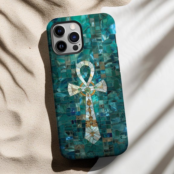 Turquoise Mosaic Ankh Tough Phone Case, Polycarbonate Shell with TPU Liner, for Apple iPhone Series