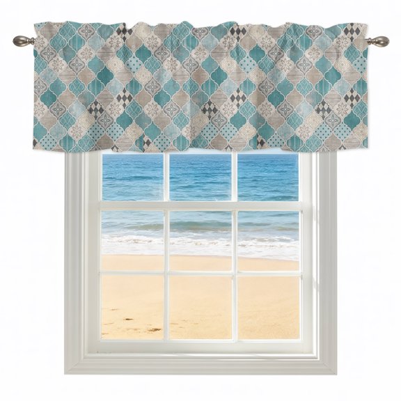 Turquoise Mosaic Texture Valances for Windows, Rod Pocket Kitchen Valance Curtains - Soft & Washable Small Window Treatment for Living Room, Bathroom, Floral Damask Plaid 42x12inch, 1 Panel
