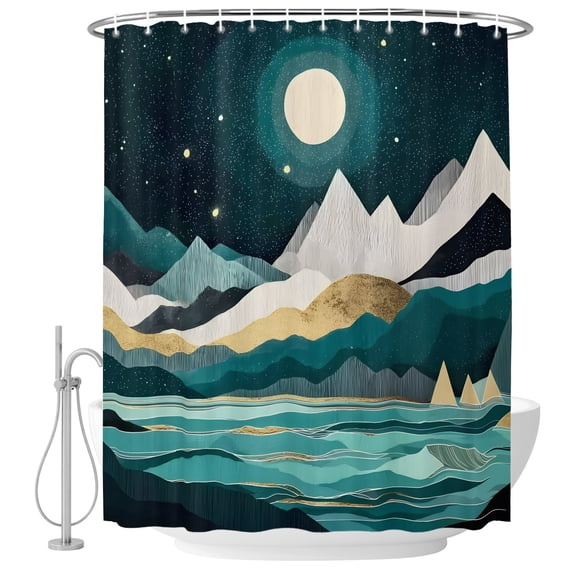 Turquoise Mountains Shower Curtains for Bathroom, Fabric Bath Curtains Decor, Bath Tub Curtain Abstract Hill Full Moon Stars Black Sky Decorative Shower Curtain Sets with 12 Hooks, 72x72 Inch