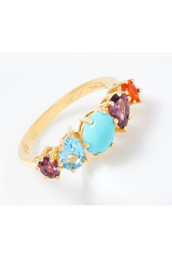 Turquoise & Multi-Cut Gemstone Band Ring, 18K Gold Plated, Size 7