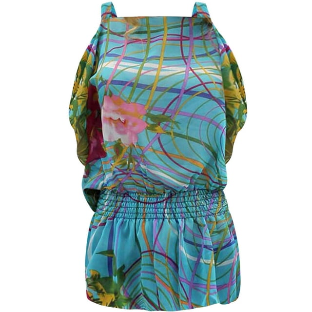 Turquoise Multicolor Cold Shoulder Chiffon Top Size Small
