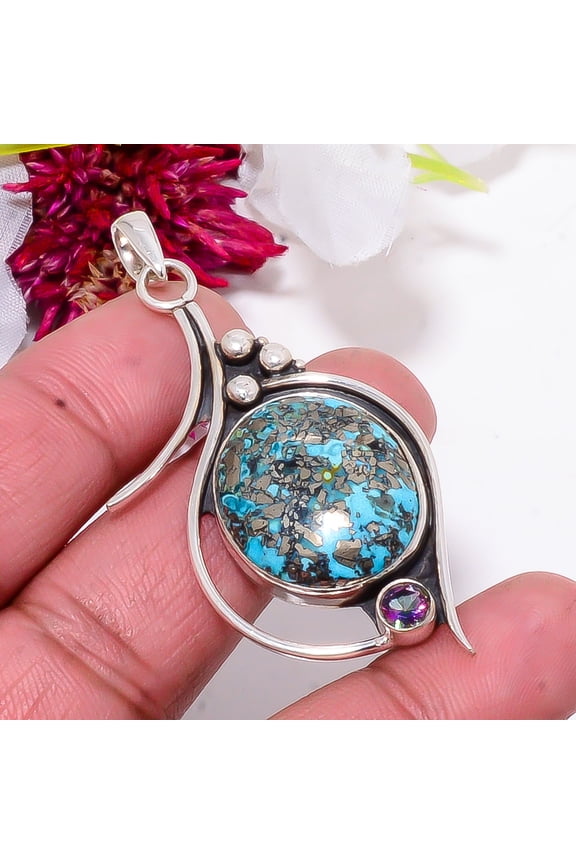 Turquoise, Mystic Fire Topaz 925 Silver Pendant 2.34", Turquoise Pendant, Gemstone Pendant