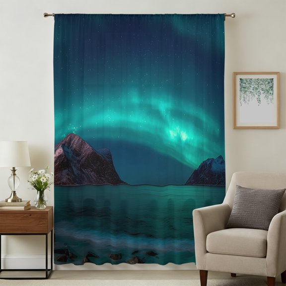 Turquoise Natural Landscape Sheer Curtains 108 Inches Extra Long for Living Room, Mountain Sky Light Filtering Privacy Drapes, Breathable Semi Sheer Window Treatment for Floor to Ceiling Window