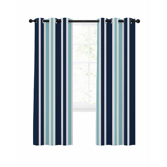 Turquoise Navy Blue Striped Blackout Curtains 39 Inches Length, Modern Minimalist Ombre Lines Window Treatment Thermal Insulated Drapes for Bedroom Living Room 2 Panels 55x39 Inches