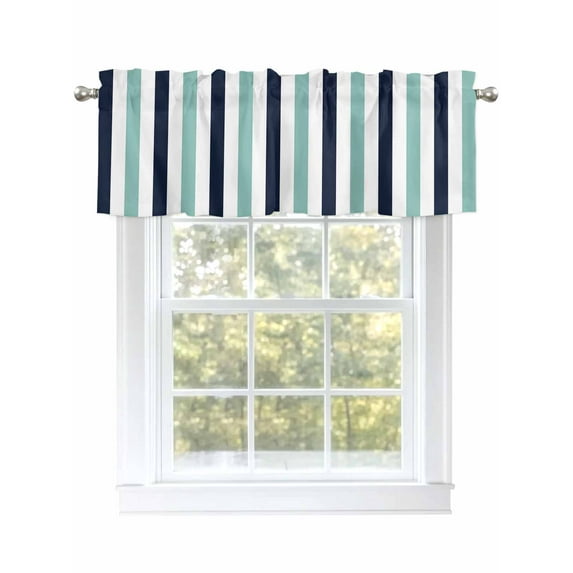 Turquoise Navy Blue Striped Curtain Valances for Windows, Farmhouse Stripe Art Kitchen Valance Window Treatment, Light Filtering Block Curtains for Bathroom/Bedroom/Living Room 42'' x 18''