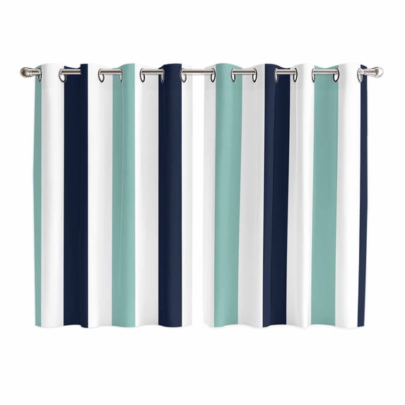 Turquoise Navy Blue Striped Kitchen Curtains 63 Inch Length, Farmhouse Stripe Art Grommet Top Bedroom Living Room Curtains, Light Filtering Cafe Curtain Drapes 2 Panels Set 104''x63''