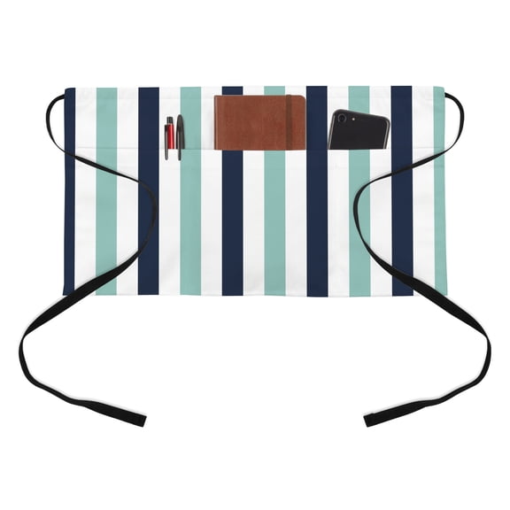 Turquoise Navy Blue Striped Kitchen Restaurant Half Waist Apron, Modern Server Short Apron with 3 Pockets Waterproof Oil Waist Aprons for Women Waitress Waiter