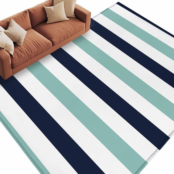 Turquoise Navy Blue Striped Large Area Rugs for Bedroom Living Room, Soft Non Slip Carpet Bedside Rug, Farmhouse Stripe Art Rectangular Floor Cover Kitchen Accent Rug 5'x8' for Dining Room/Office