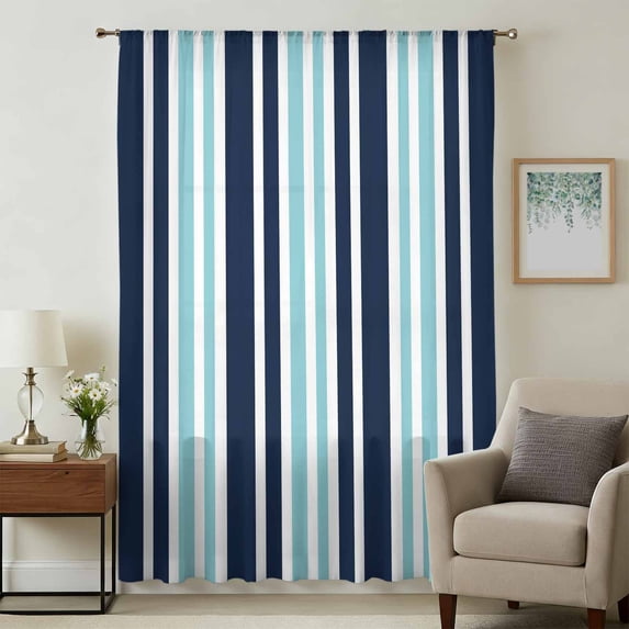 Turquoise Navy Blue Striped Sheer Curtains 63 Inches Long, Modern Minimalist Ombre Lines Light Filering Curtains, Breathable Simi Curtain Privacy Drapes for Living Room Bedroom Window Treatment