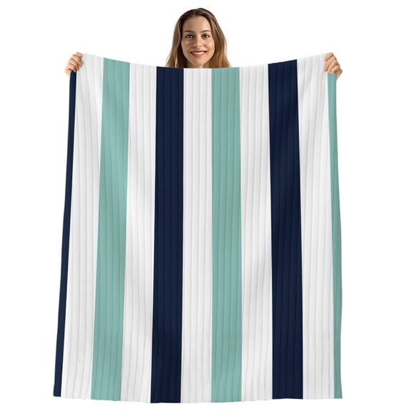 Turquoise Navy Blue Striped Throw Blanket, Flannel Fleece Blanket with Striped Design for Couch, Farmhouse Stripe Art Soft Breathable All Season Plush Blankets for Sofa Office Chair 30"x40"