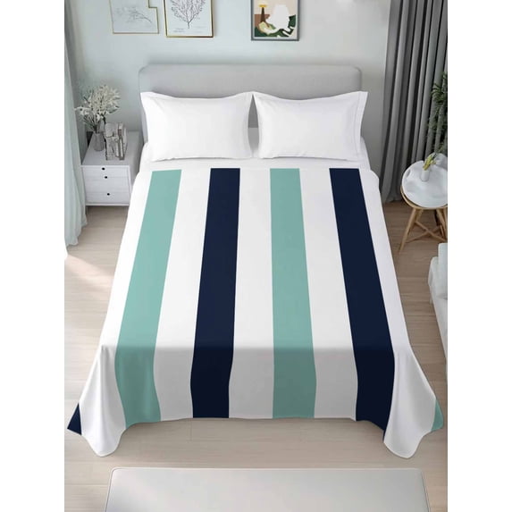 Turquoise Navy Blue Striped Twim XL Size Flat Sheet, Wrinkleproof & Fadeproof Cooling Flat Bed Sheet Only, Farmhouse Stripe Art Breathable Soft Bedding Top Sheets 66 x 102 Inches