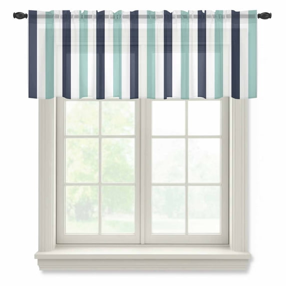 Turquoise Navy Blue Striped Valance Curtains for Kitchen/Living Room/Bathroom/Bedroom Window, Rod Pocket Small Topper Half Short Window Curtains Voile Sheer Scarf, Farmhouse Stripe Art 42"x12"