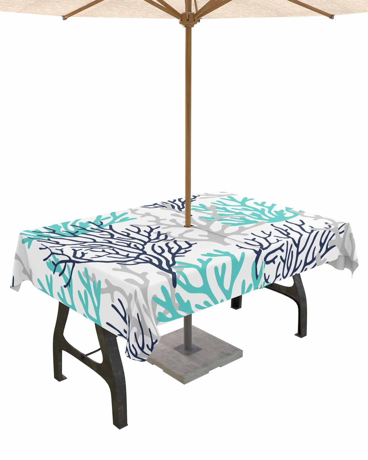Turquoise Navy Coral Outdoor Tablecloth with Umbrella Hole and Zipper